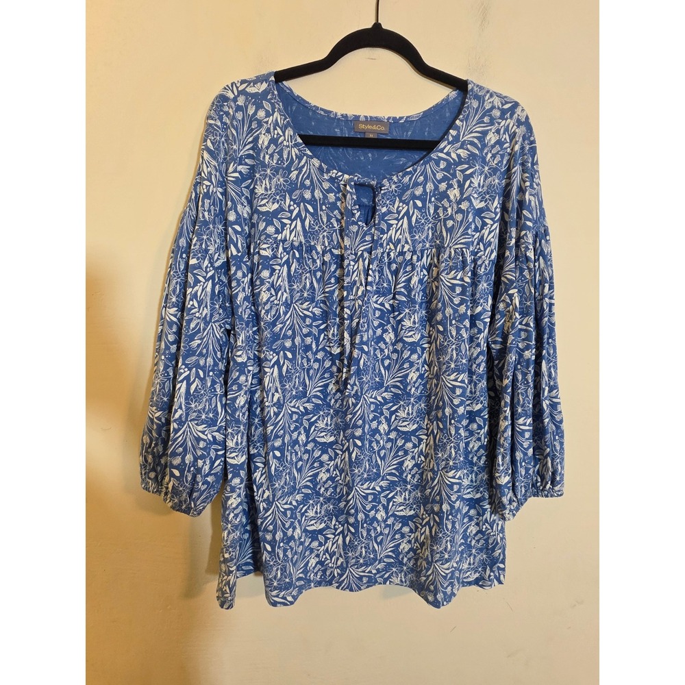 Style & Co Womens 3X Blue Floral Cotton Peasant Blouse Long Sleeve Top HO24